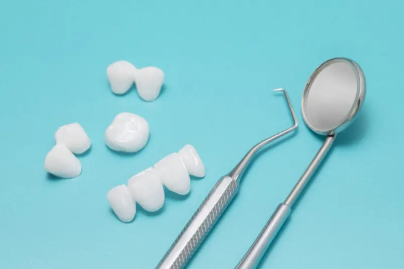 Dental crowns and a bridge model